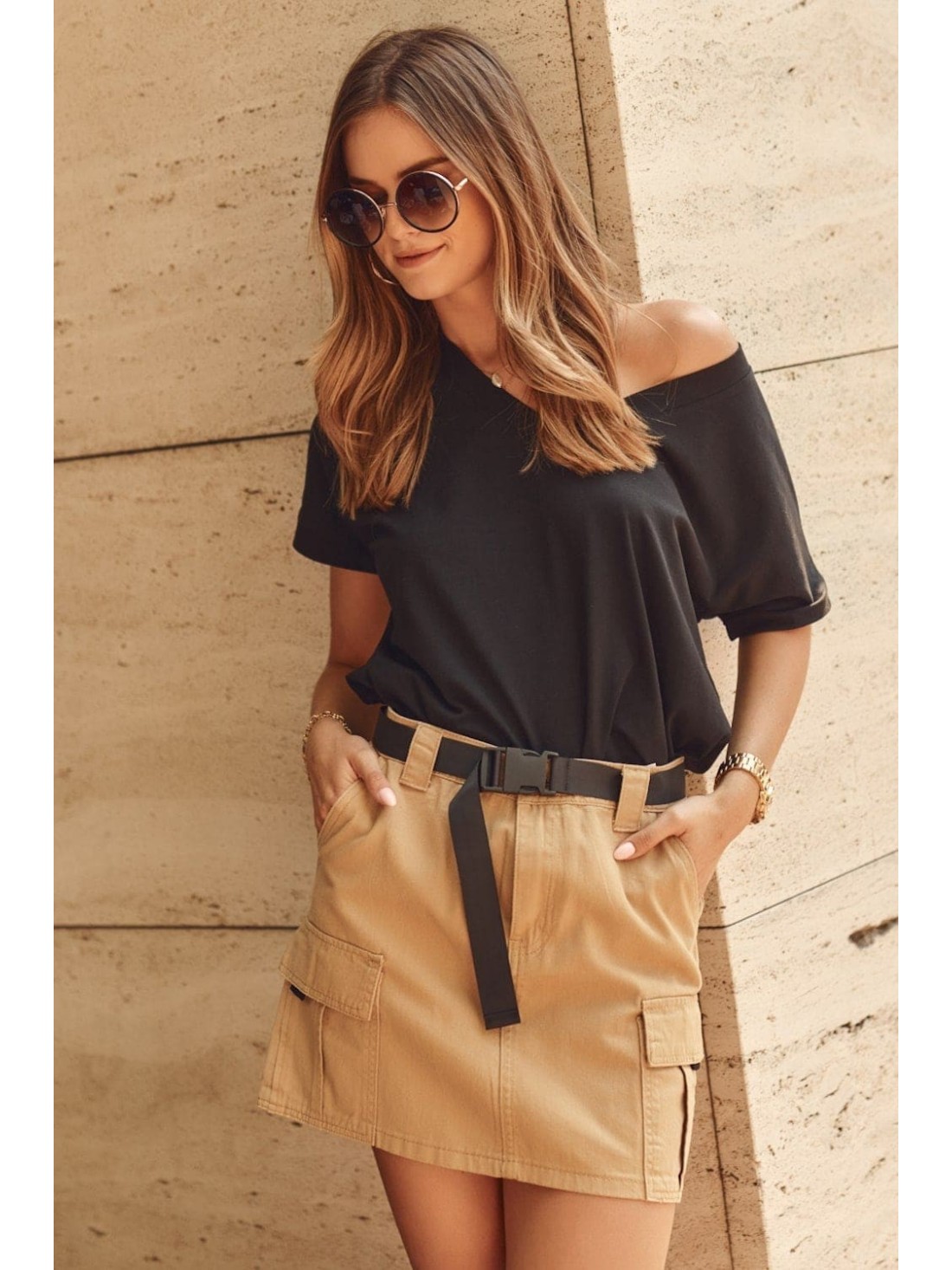 Camel denim skirt with a belt 6727 - Online store - Boutique